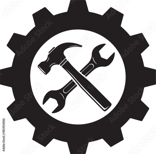 Gear with crossed hammer and wrench inside cogwheel spanner