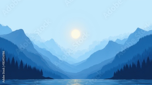 minimalist mountain illustration in blue tones with soft morning sunrise creating serene natural harmony and tranquil landscape scene concept of eco design creative background branding