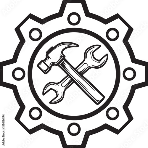 Gear With Crossed Hammer And Wrench Inside Keywords: gear, cogwheel, tools, hammer, wrench