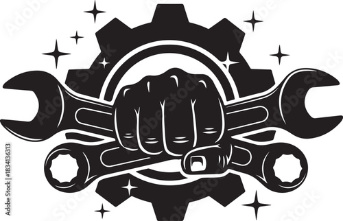 Fist Holding Wrenches Gear Sparkles Industrial Strength vector illustration