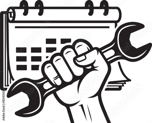Hand Holding Wrench with Calendar Icon Keywords: hand, wrench, calendar, tool, construction