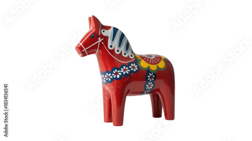 A vibrant red Dala horse, a traditional Swedish wooden statuette, intricately painted with blue, yellow, and white floral patterns, standing prominently. background removed