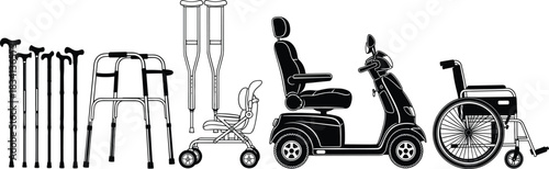 Medical mobility aids vector illustration set featuring walking sticks crutches walker wheelchair and mobility scooter icons