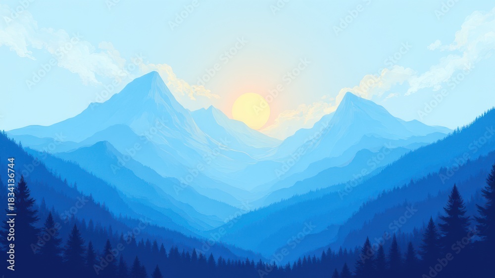 Obraz premium minimalist mountain illustration in blue tones with soft morning sunrise creating serene natural harmony and tranquil landscape scene concept of eco design creative background branding