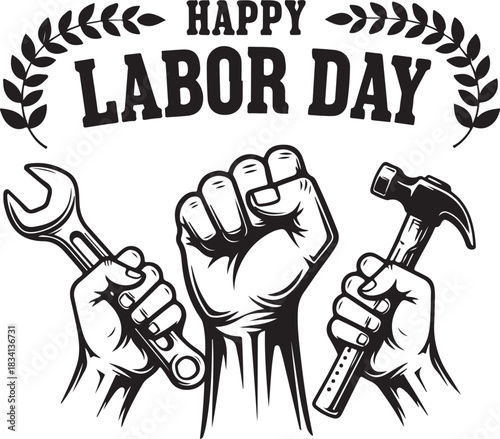 Happy Labor Day illustration with clenched fists and tools wrench