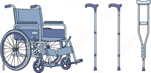 Medical mobility equipment vector illustration set with wheelchair crutches and walking canes for healthcare and rehabilitation