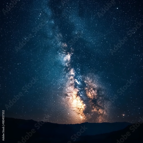 Vibrant Milky Way Galaxy Over Silhouetted Mountain Range at Night sky stars photo