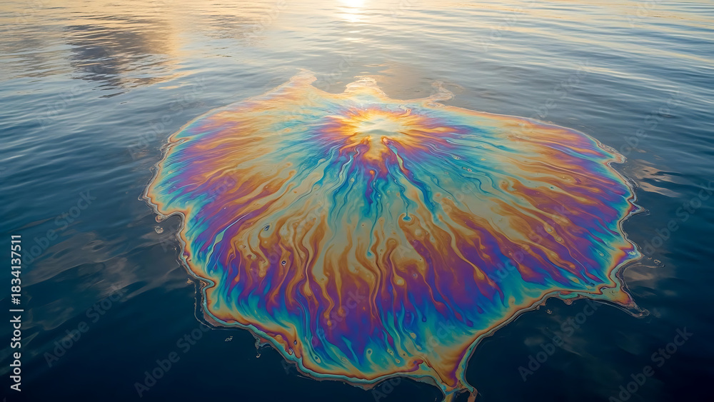 Fototapeta premium A vibrant, iridescent oil slick spreads across the calm ocean surface, reflecting a rainbow of colors under the setting sun.