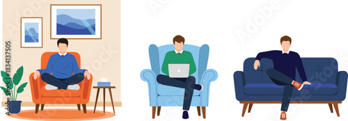 Men relaxing and working at home vector illustration set showing cozy armchairs sofas and casual indoor lifestyle