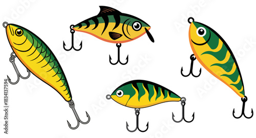Fishing Lures Vector Illustration Set in Colorful Detailed Style Isolated on White Background for Angling, Tackle, Outdoor Sports, Bass Fishing and Equipment Design