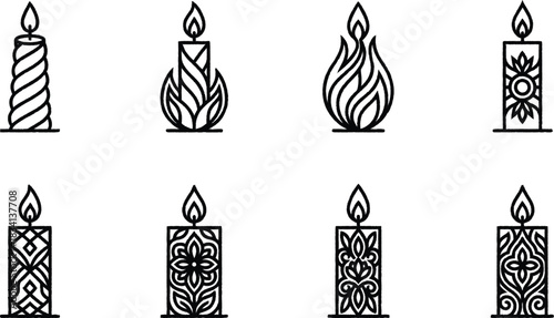 Set of elegant candles in black outline with burning flame