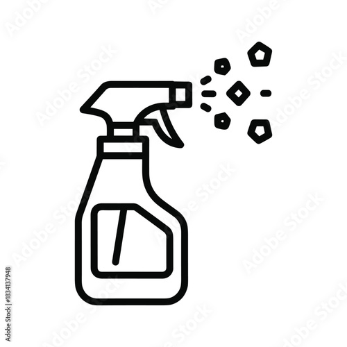 Outline icon of a spray bottle emitting mist, commonly used for cleaning, disinfecting, or watering