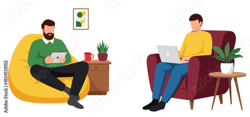 Men working from home vector illustration set showing laptop use on armchair and bean bag relaxation
