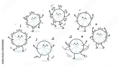 Snowflakes Dancing Delight: Delightful snowflakes with smiling faces joyfully dance in a winter wonderland, celebrating the magic of the season.