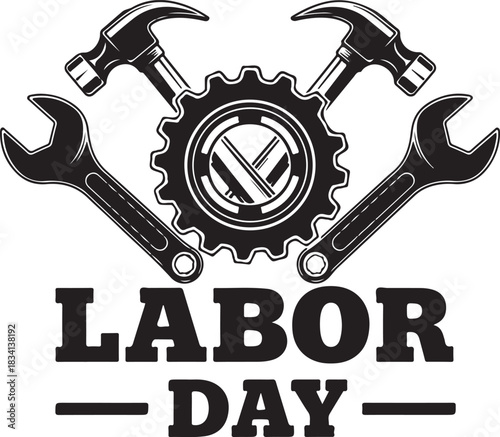 Labor Day graphic with tools and text holiday wrench