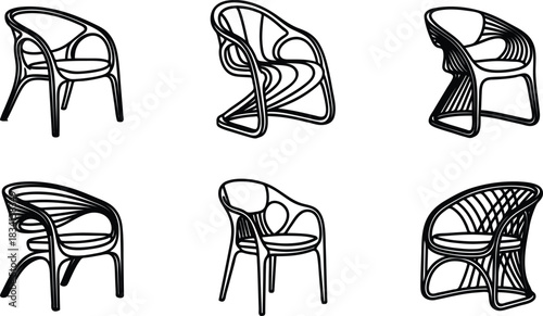 Variety of modern chair designs showcased in elegant black and white line art