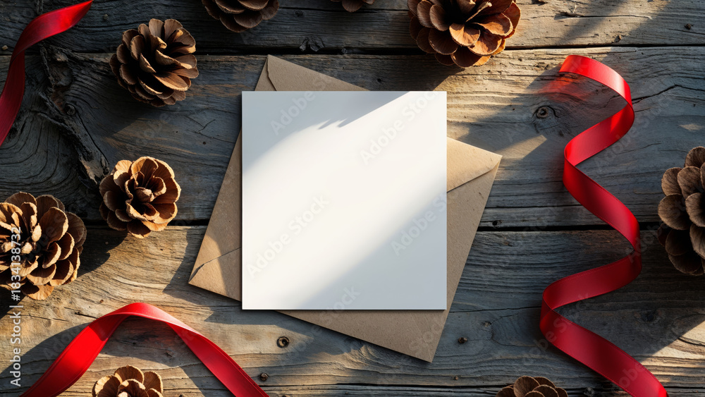 Fototapeta premium Blank Greeting Card Mockup with Pinecones, Kraft Envelope, and Red Ribbon on Wooden Background