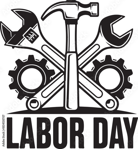 Labour Day text with crossed tools and gears inscription