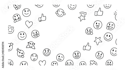Smile World: An array of sketched emoji icons, creating a dynamic background that encapsulates a wide range of emotions, including joy, like, and love.
