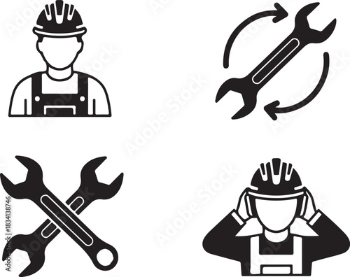 Set of four black and white icons related to construction and labor worker