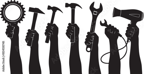 Silhouettes of Hands Holding Various Tools Against White Background raising