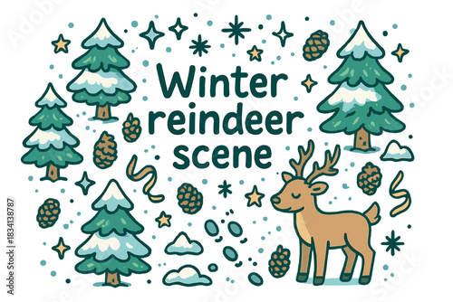 Winter Reindeer Illustration. Winter reindeer scene. Hand-drawn doodle illustration of Winter reindeer scene.