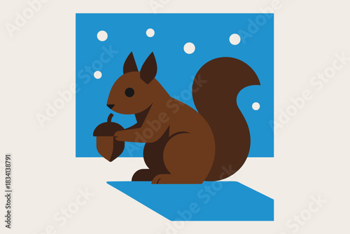 Geometric Winter Squirrel. Squirrel eating nuts in winter. geometric sans heavy, flat fills, long angled cold