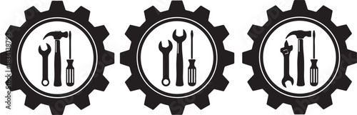 Three black silhouette icons of tools within gears wrench screwdriver