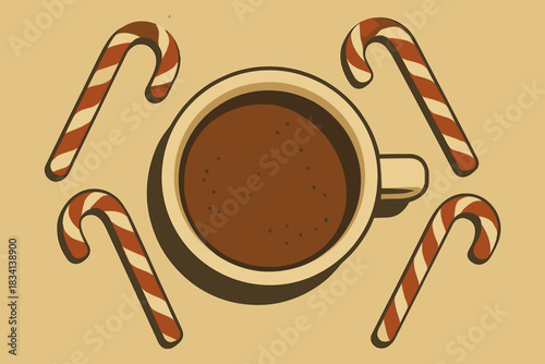 Vintage Hot Chocolate Arrangement. Holiday beverage flat lay minimalist flat illustration of a cup of hot