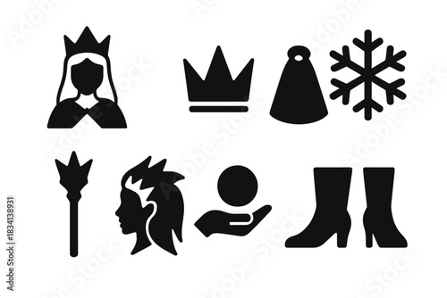 Ice Queen Icon Set. Ice queen details. Filled icon set of Ice queen details: queen, crown, cloak, snowflake,
