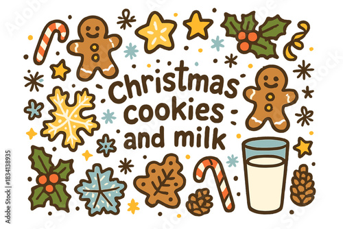 Festive Cookie Delight. Christmas cookies and milk. Hand-drawn doodle illustration of Christmas cookies and