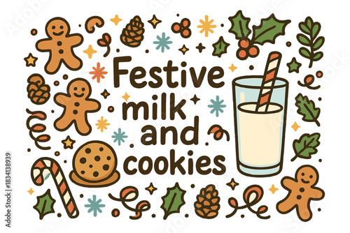 Festive Milk & Cookies. Festive milk and cookies. Hand-drawn doodle illustration of Festive milk and cookies.