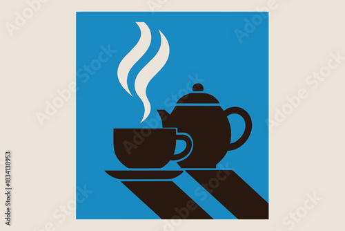 Minimalist Tea Set. Tea set with steam rising. geometric sans heavy, flat fills, long angled warm shadows,