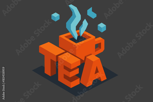 Isometric Tea Steam. Tea set with steam rising. isometric 3D lettering, bold blocky cup and steam forms with