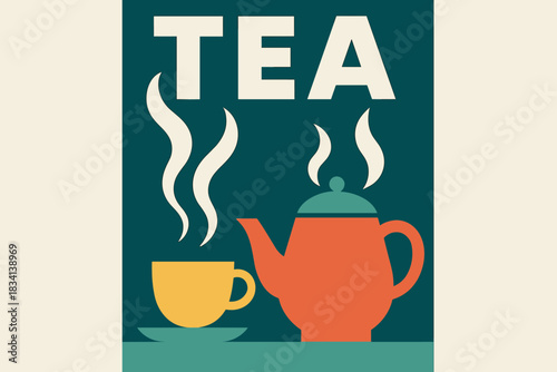 Minimalist Tea Set. Tea set with steam rising. Modern minimalist poster banner, bold sans-serif typography,
