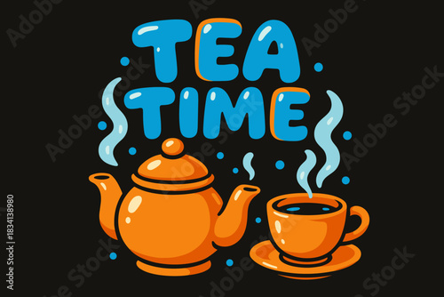 Steaming Tea Delight. Tea set with steam rising. playful cartoon bubble lettering, rounded warm shapes, thick