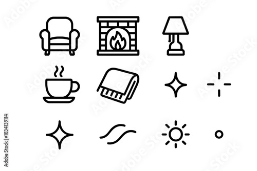 Cozy Winter Icons. Cozy winter interior with warm lighting. Line outline icon set of Cozy winter interior with