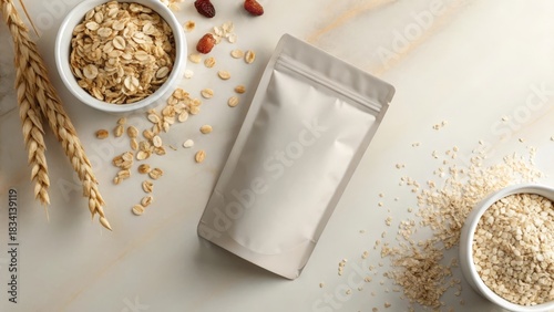 Blank matte stand up food pouch with oats on textured surface