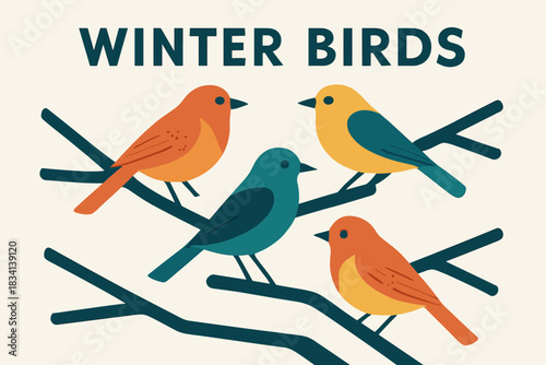 Snowy Bird Branches. Birds on snowy branches. Modern minimalist poster banner, bold sans-serif typography,