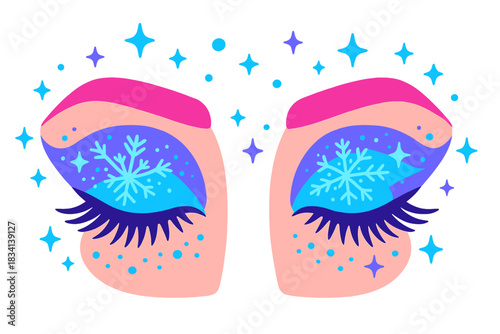 Whimsical Winter Eyes. Festive makeup artistry. Eyes adorned with snowflake eyeliner and glitter accents, tiny
