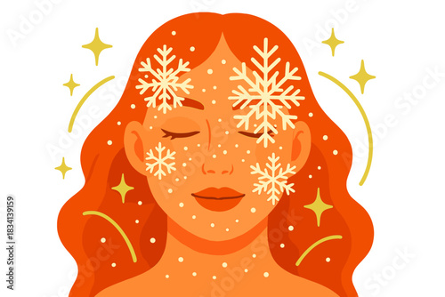 Magical Winter Glow. Snow-kissed look. Close-up face with white and silver snowflake details, floating spark