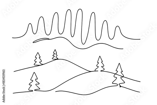 Minimalist Aurora Landscape. Winter aurora vista. Minimalistic one-line drawing snow-covered hills and