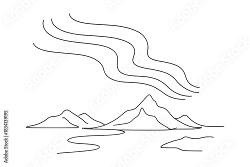 Aurora Over Arctic. Fantasy Arctic sky. Minimalistic one-line drawing icy landscape with flowing aurora