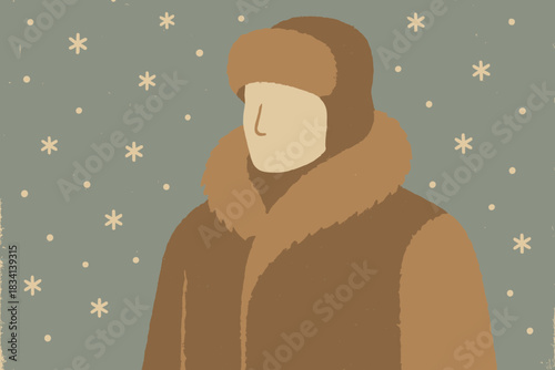 Frosty Fur Elegance. Frosty outdoor portrait minimalist flat illustration of a stylized figure wearing a fur