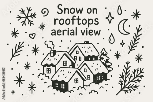 Snow-Covered Rooofs Doodle. Snow on rooftops aerial view. Hand-drawn doodle illustration of Snow on rooftops