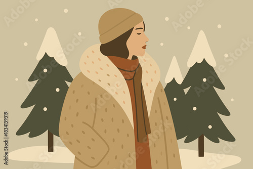 Retro Winter Chic. Cold season fashion minimalist flat illustration of a woman wearing a stylized fur coat