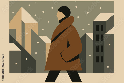 Minimalist Winter Elegance. Urban winter chic minimalist flat illustration of a geometric figure in fur coat