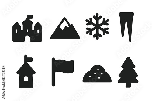 Winter Peak Castle Icons. Winter peak castle. Filled icon set of Winter peak castle: castle, mountain,
