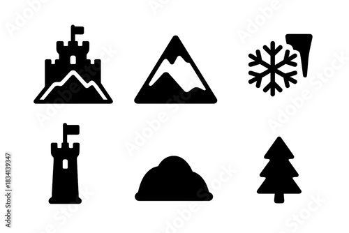 Ice Castle Icons Set. Ice castle on mountain peak. Filled icon set of Ice castle on mountain peak: castle,
