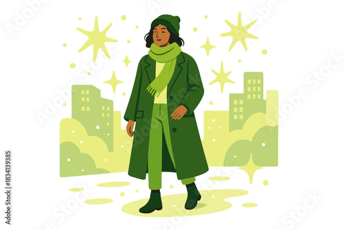 Winter Fashion Elegance. Snowy street fashion. Model poses with scarf and coat in urban winter scene, abstract